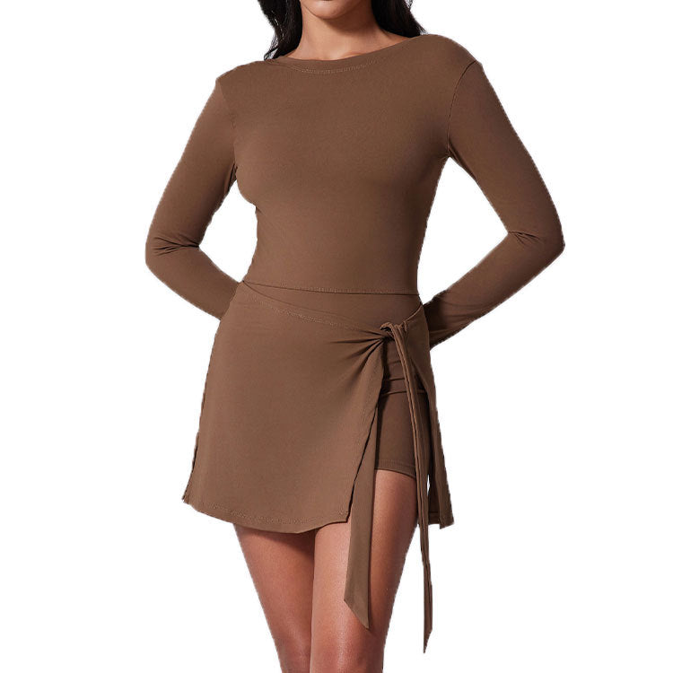 Women's Yoga Clothing: Anti-Exposure Tight-Fitting One-Piece Shorts, Slimming Tie-Waist Tennis Skirt, Casual Yoga Sports Long-Sleeve Top