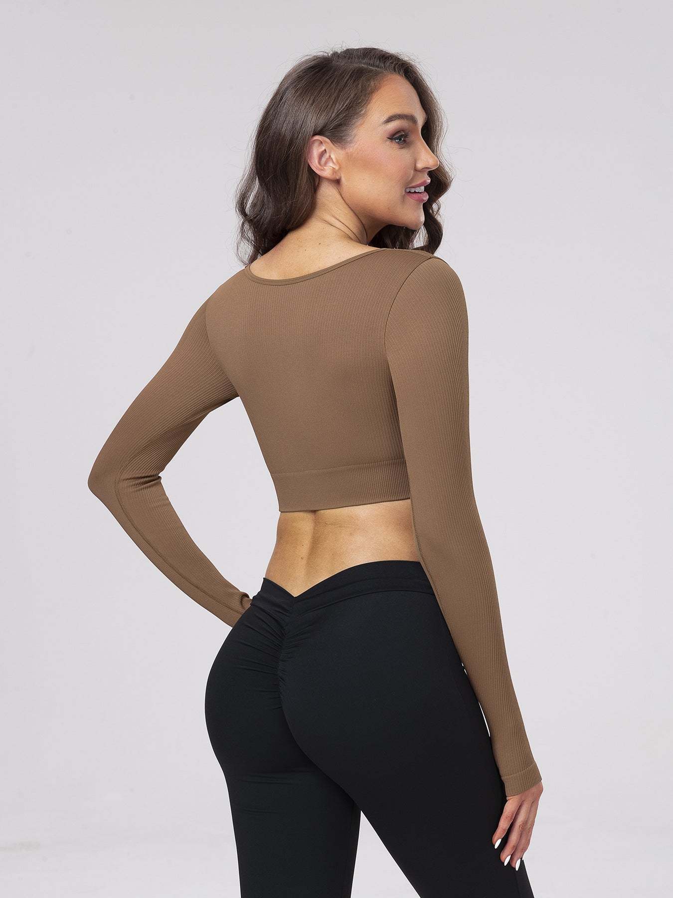 Casual Fitness Wear Sexy Long-Sleeve Top with Exposed Navel, Seamless Square Neckline Yoga T-Shirt for Women