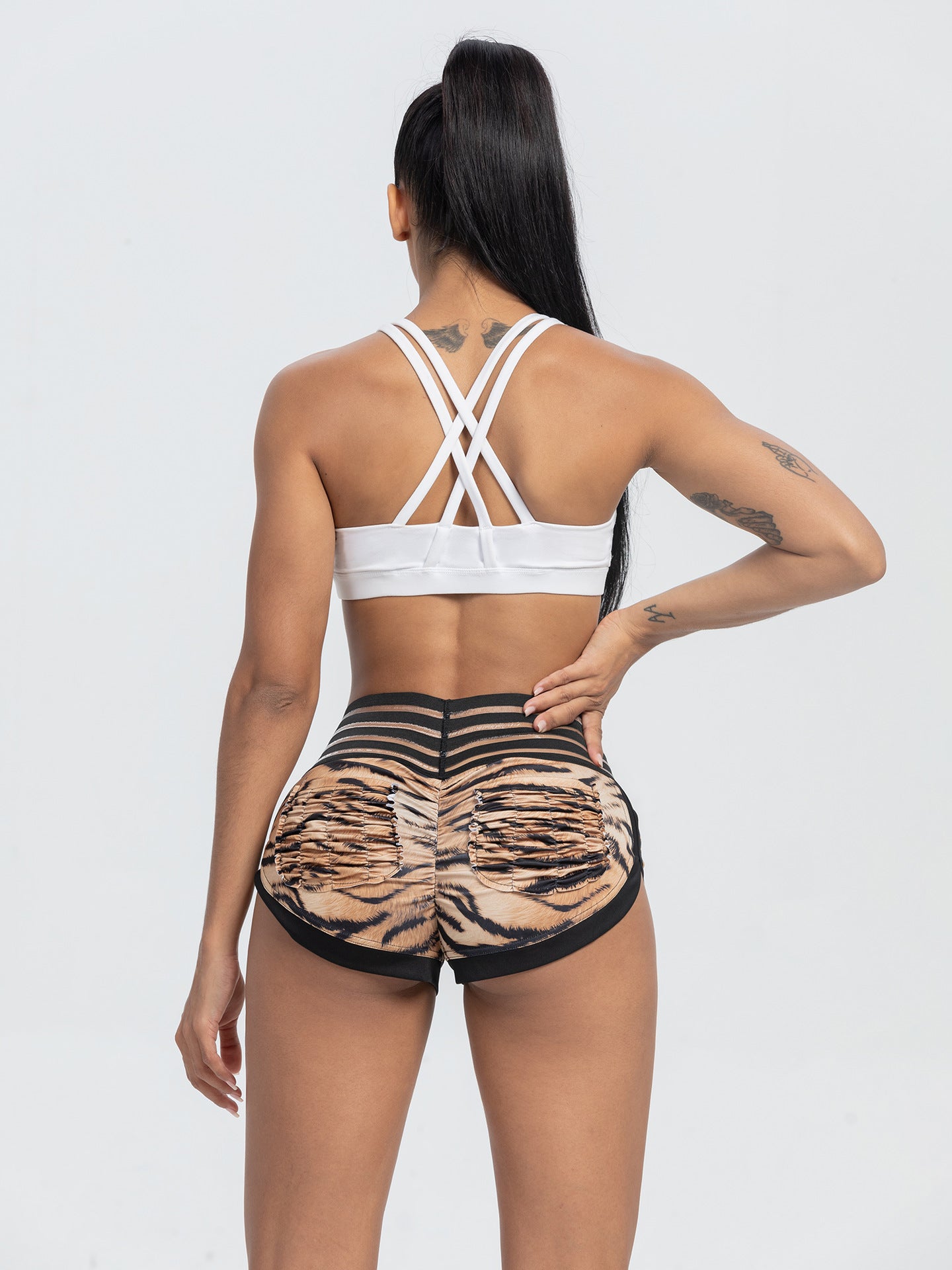 Peach Lace Waist Tiger Print Yoga Shorts with Pocket and Butt-Lifting Design