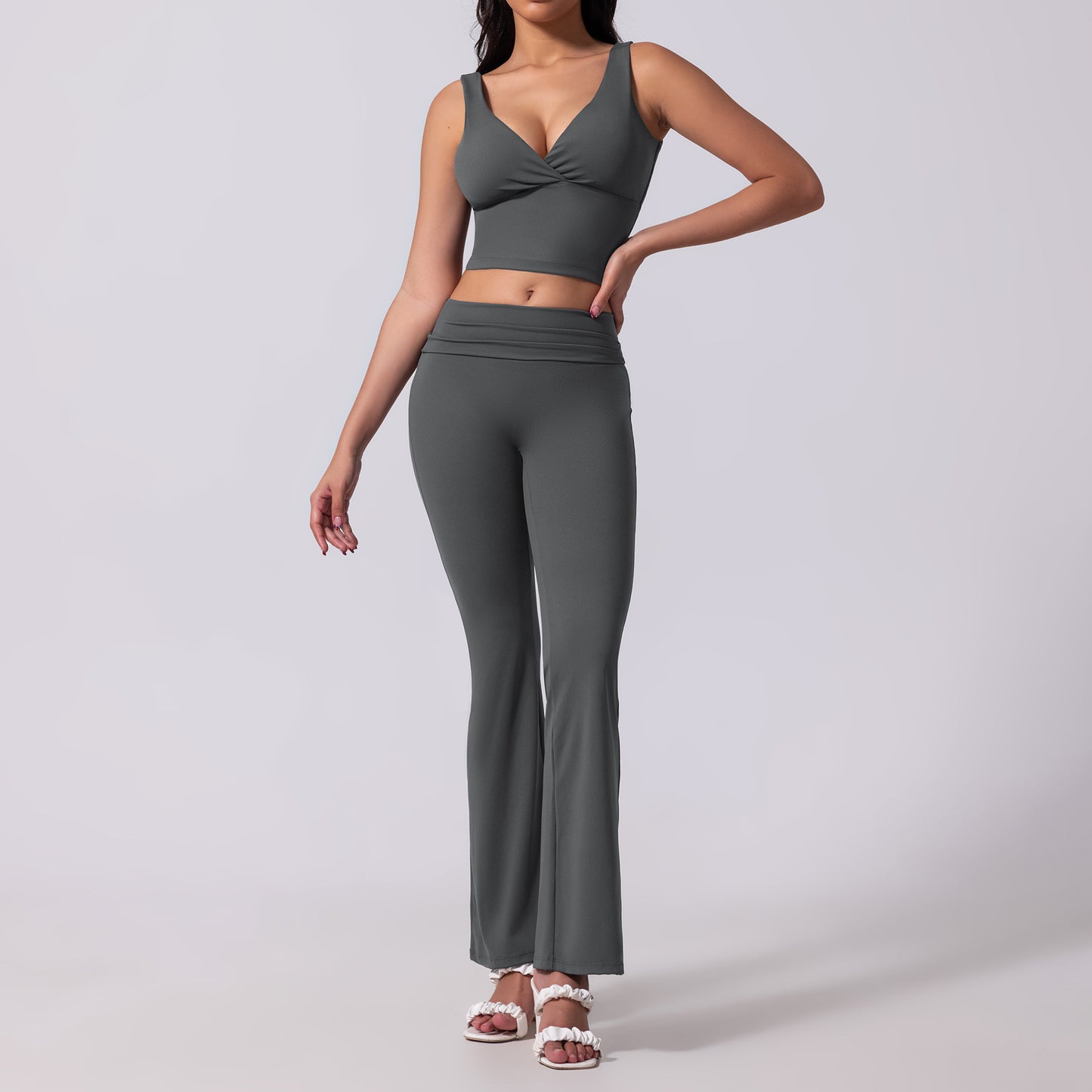 Women's Backless Diagonal Weave Deep V-Neck Athletic Bell-Bottom Pants Set with High-Waisted Two-Way Bell-Bottom Pants