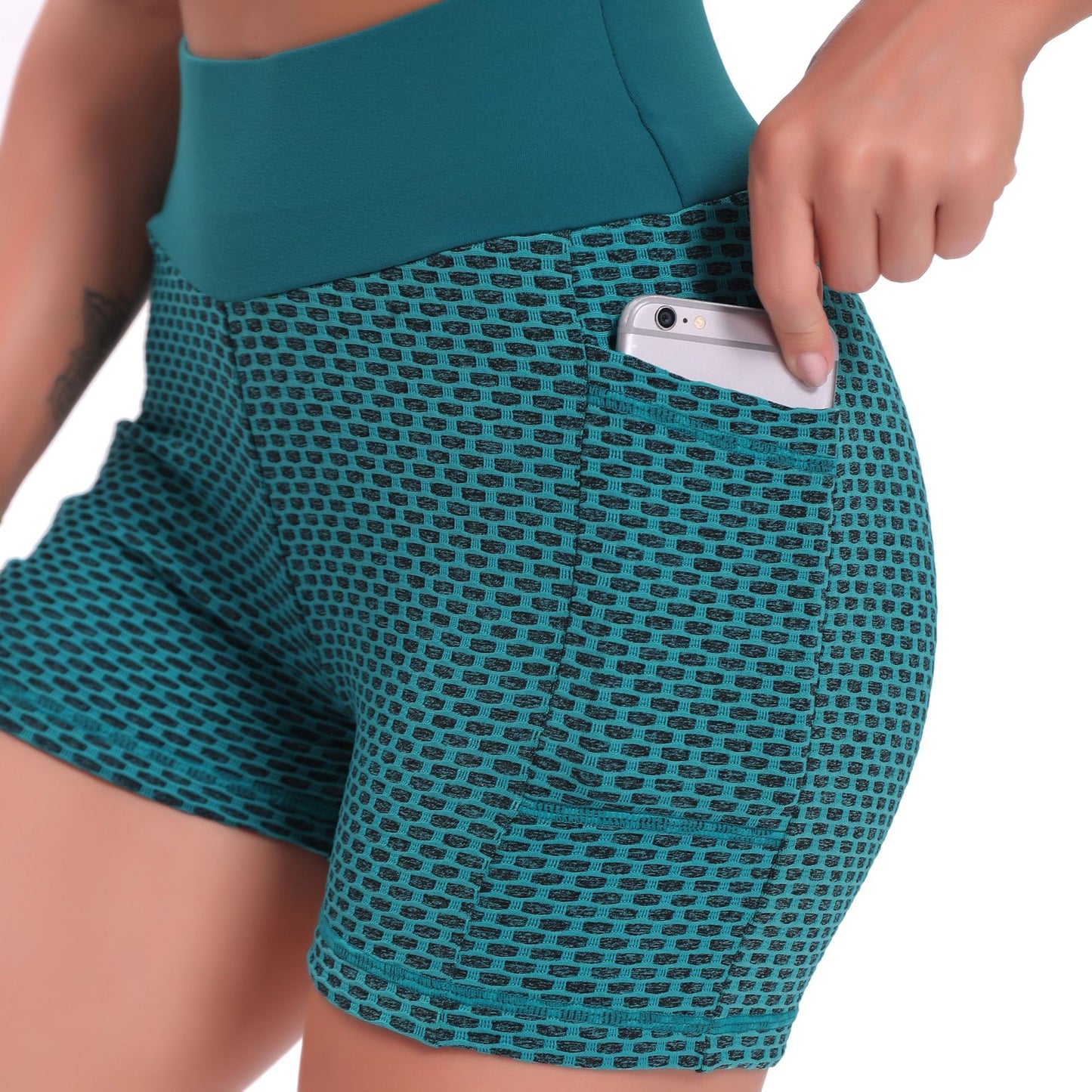 Women's High-Waisted Running Pants with Butt-Lifting Pockets, Bubble Cycling Pants, Honeycomb Outdoor Yoga Shorts