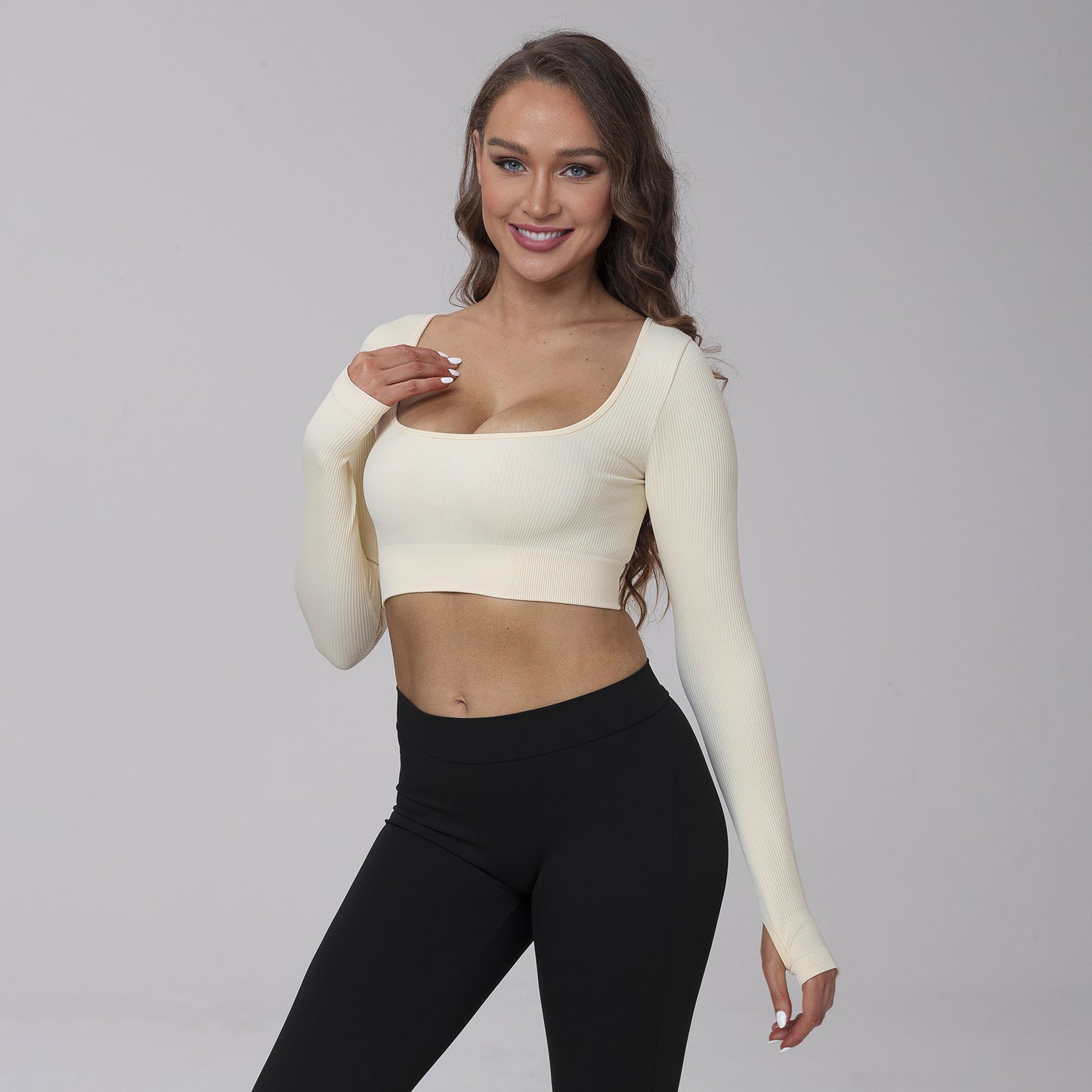 Casual Fitness Wear Sexy Long-Sleeve Top with Exposed Navel, Seamless Square Neckline Yoga T-Shirt for Women