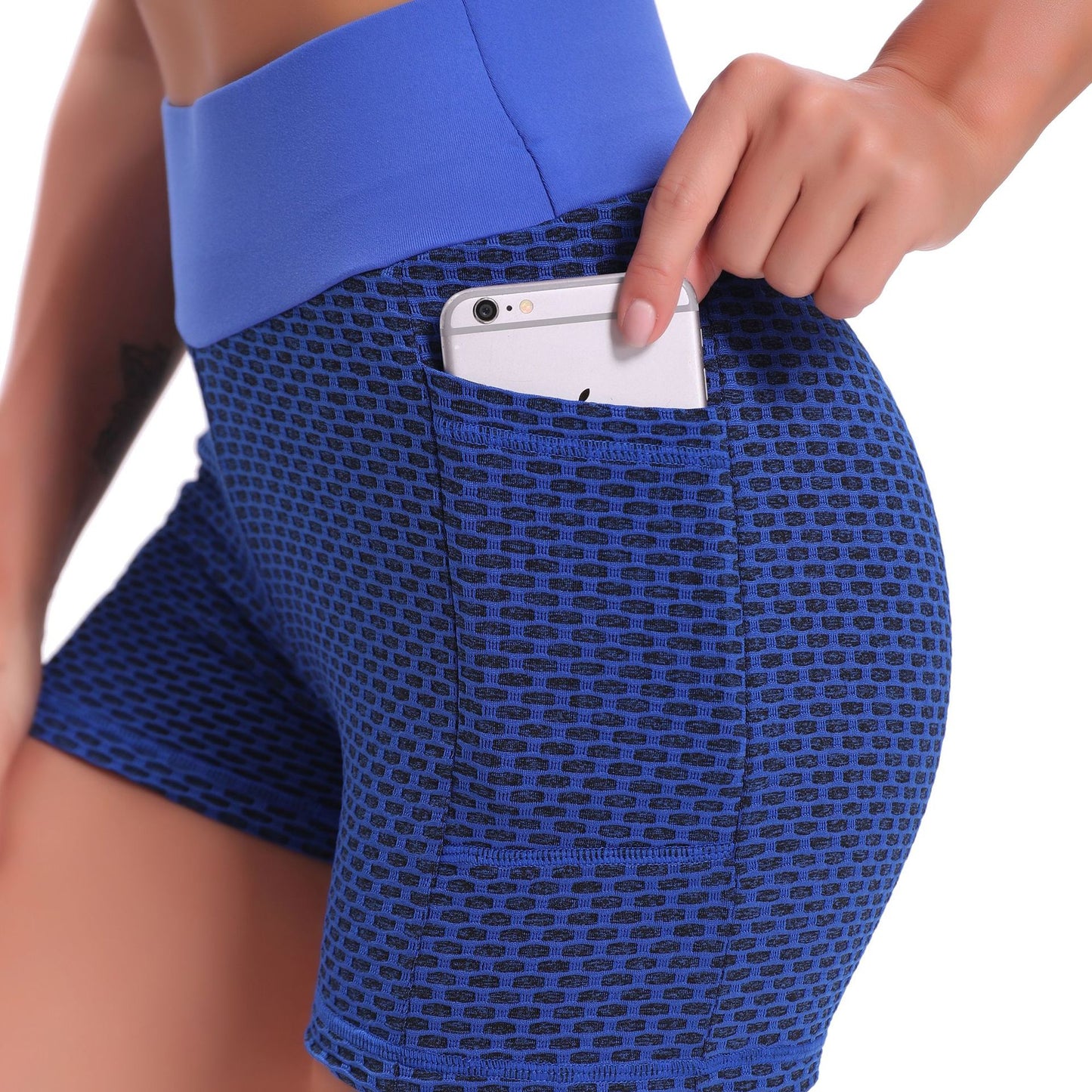 Women's High-Waisted Running Pants with Butt-Lifting Pockets, Bubble Cycling Pants, Honeycomb Outdoor Yoga Shorts