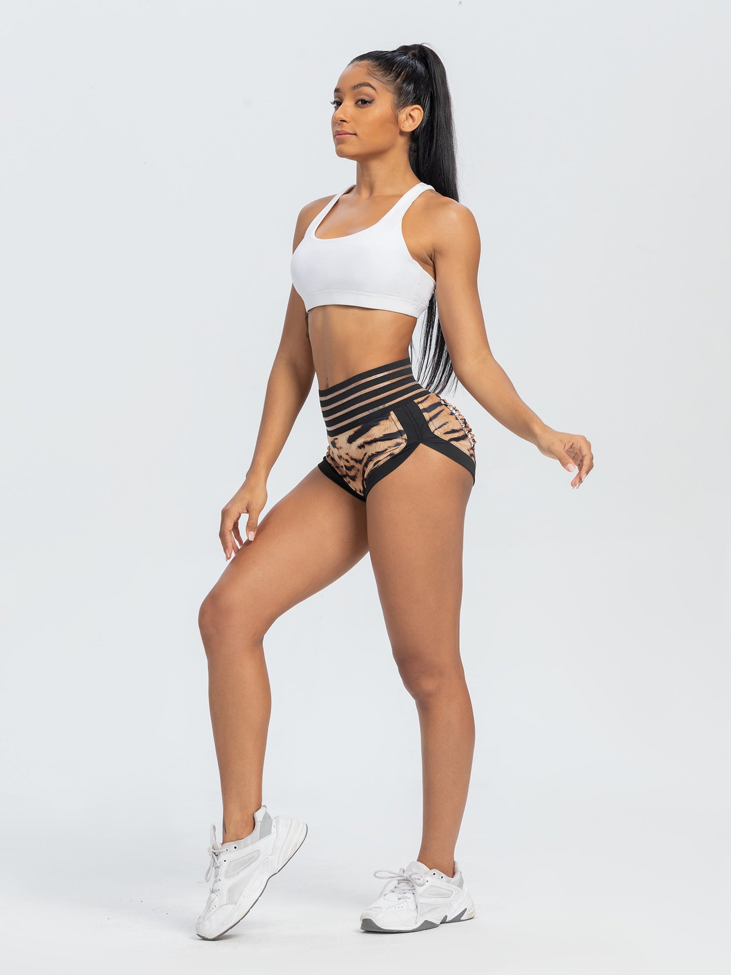 Peach Lace Waist Tiger Print Yoga Shorts with Pocket and Butt-Lifting Design