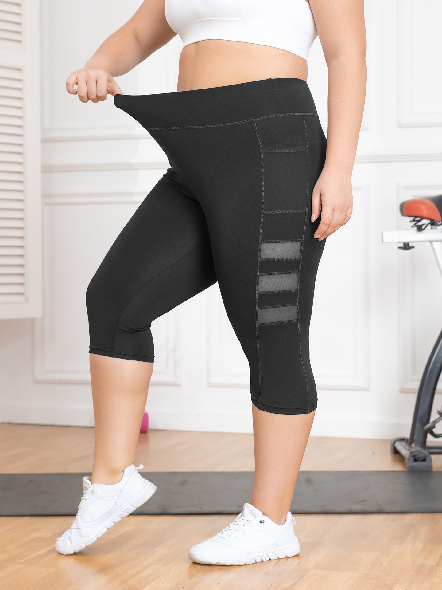 High-waisted butt-lifting yoga pants for women with mesh Roman pockets, running pants, outdoor plus-size 7/8-length patchwork athletic pants