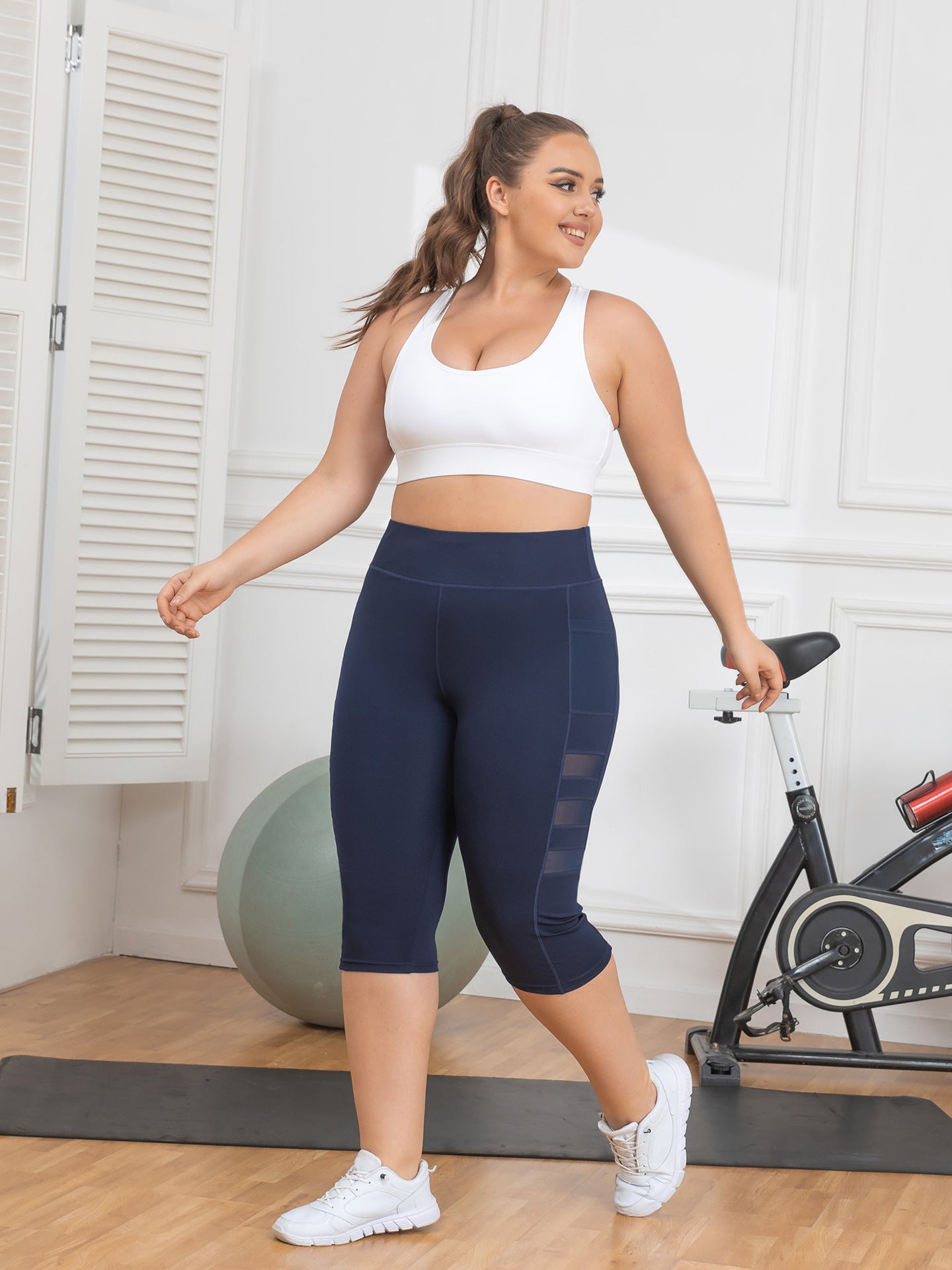 High-waisted butt-lifting yoga pants for women with mesh Roman pockets, running pants, outdoor plus-size 7/8-length patchwork athletic pants