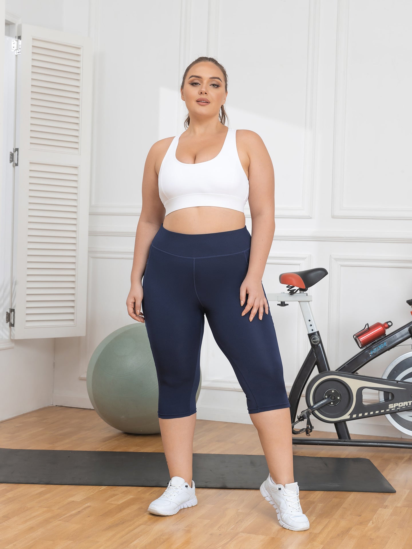 High-waisted butt-lifting yoga pants for women with mesh Roman pockets, running pants, outdoor plus-size 7/8-length patchwork athletic pants