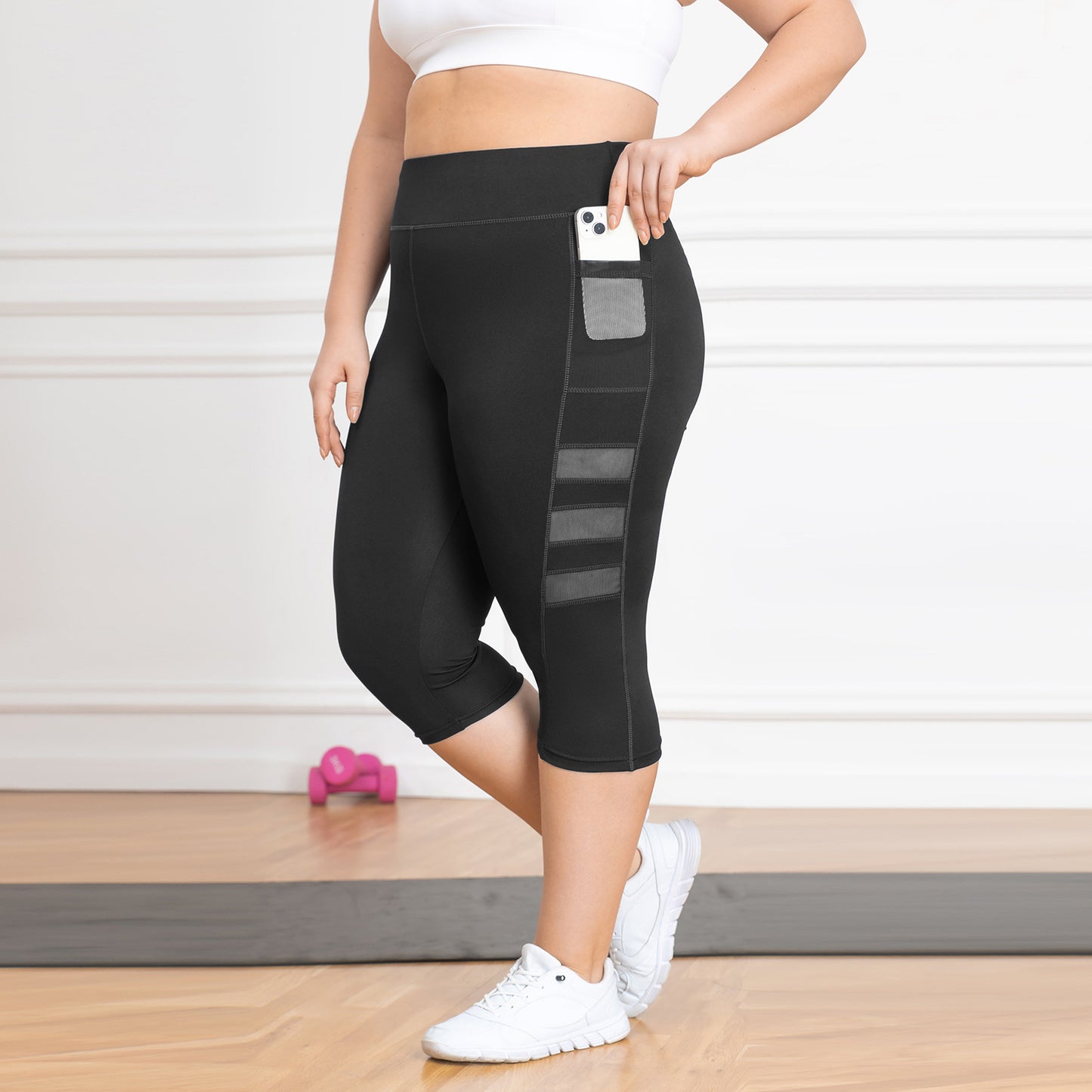 High-waisted butt-lifting yoga pants for women with mesh Roman pockets, running pants, outdoor plus-size 7/8-length patchwork athletic pants