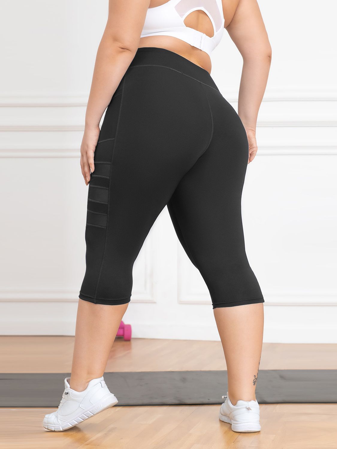 High-waisted butt-lifting yoga pants for women with mesh Roman pockets, running pants, outdoor plus-size 7/8-length patchwork athletic pants