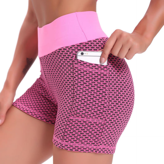 Women's High-Waisted Running Pants with Butt-Lifting Pockets, Bubble Cycling Pants, Honeycomb Outdoor Yoga Shorts