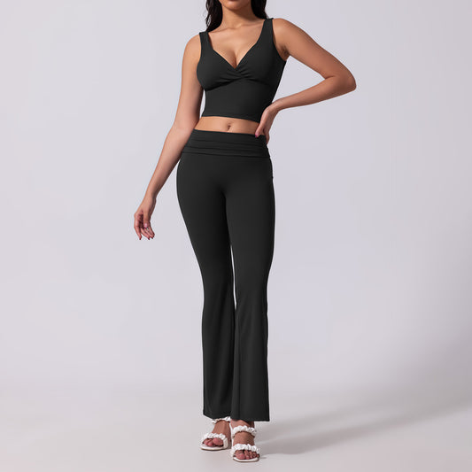 Women's Backless Diagonal Weave Deep V-Neck Athletic Bell-Bottom Pants Set with High-Waisted Two-Way Bell-Bottom Pants