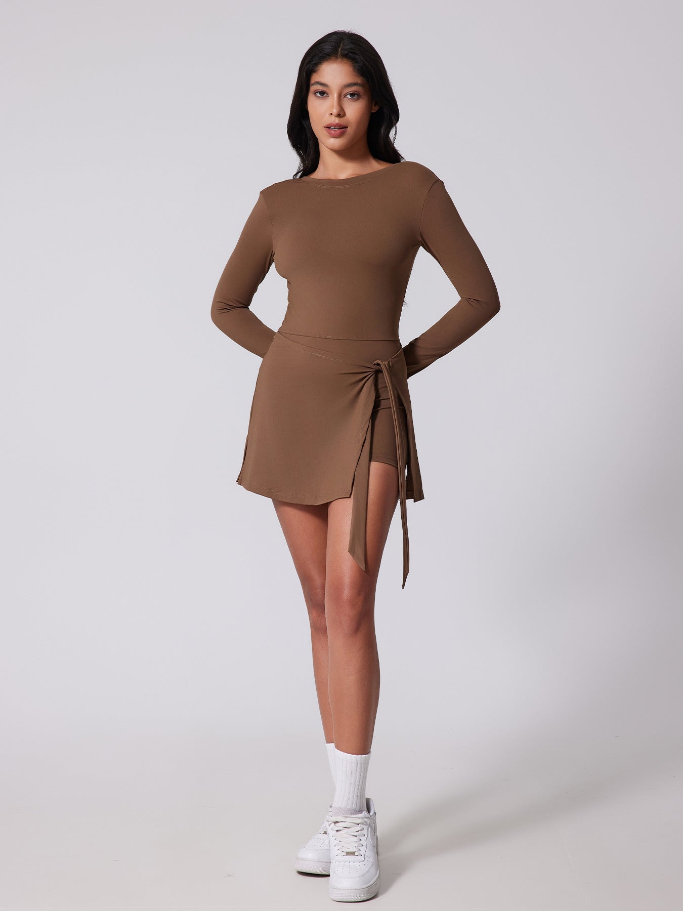 Women's Yoga Clothing: Anti-Exposure Tight-Fitting One-Piece Shorts, Slimming Tie-Waist Tennis Skirt, Casual Yoga Sports Long-Sleeve Top