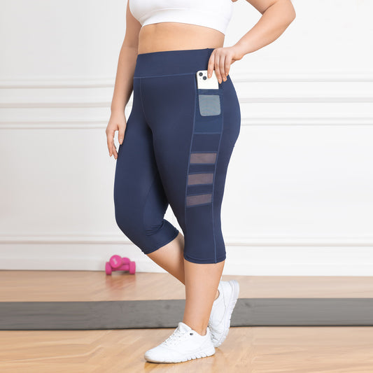 High-waisted butt-lifting yoga pants for women with mesh Roman pockets, running pants, outdoor plus-size 7/8-length patchwork athletic pants