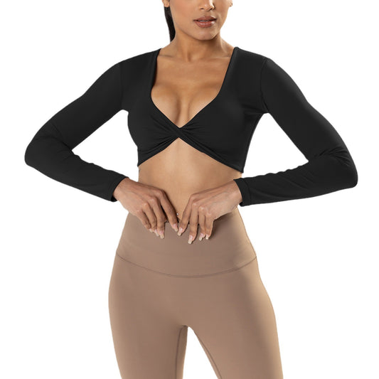 Women's Long-Sleeve Fitness Shirt with Deep V-Neck, Slim-Fit, Breathable, Crop Top for Outdoor Yoga