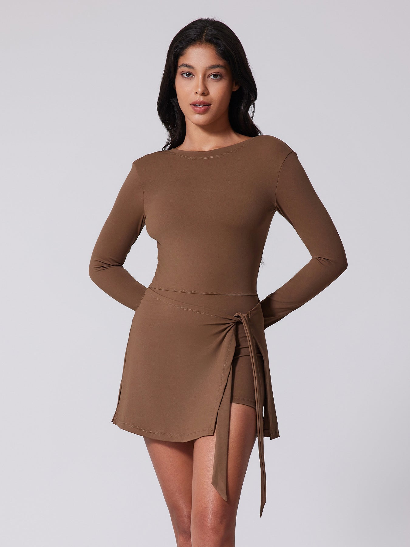 Women's Yoga Clothing: Anti-Exposure Tight-Fitting One-Piece Shorts, Slimming Tie-Waist Tennis Skirt, Casual Yoga Sports Long-Sleeve Top