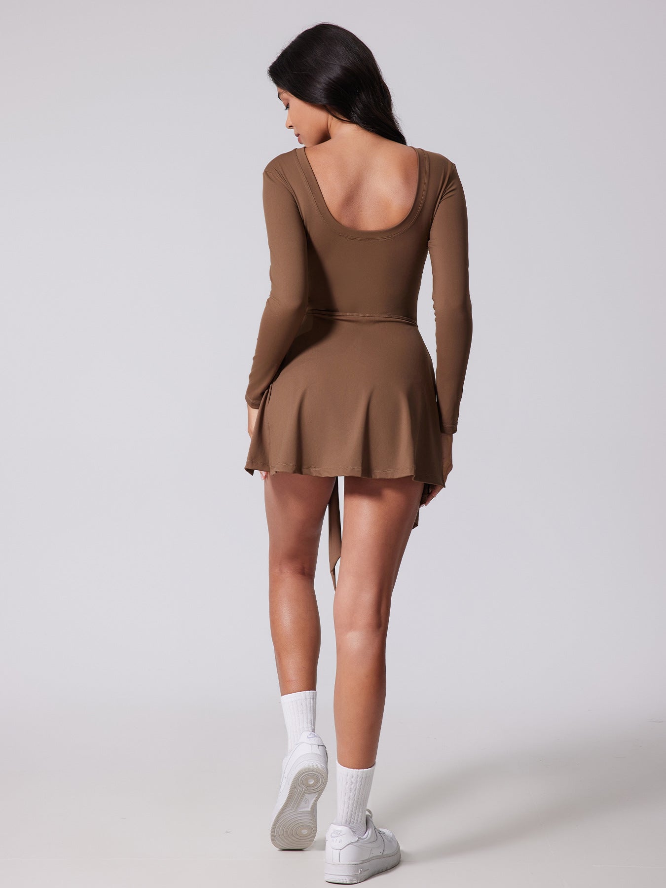 Women's Yoga Clothing: Anti-Exposure Tight-Fitting One-Piece Shorts, Slimming Tie-Waist Tennis Skirt, Casual Yoga Sports Long-Sleeve Top