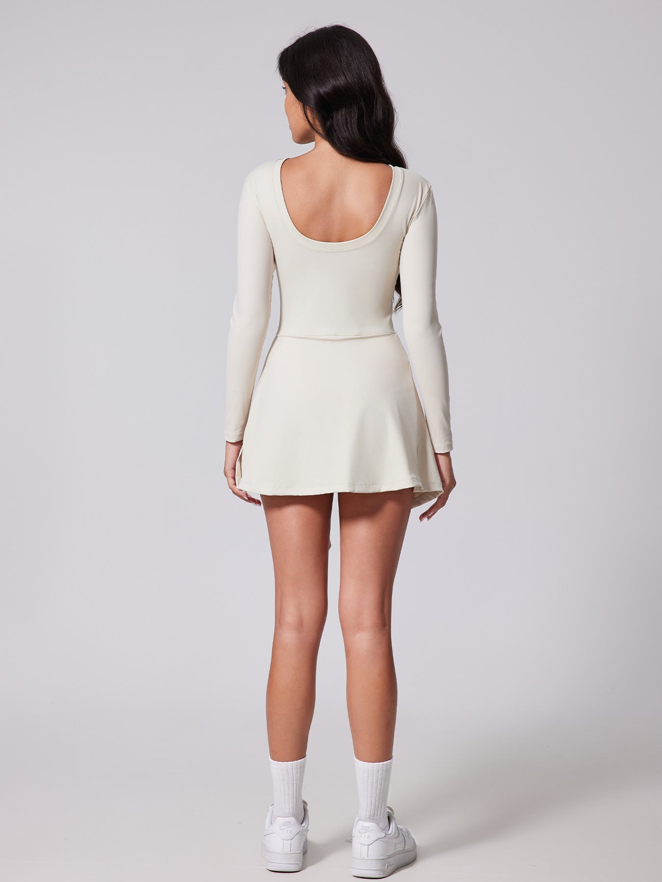 Anti-Exposure Tight-Fitting One-Piece Shorts, Slimming Tie-Waist Tennis Skirt, Casual Yoga Sports Long-Sleeve Top