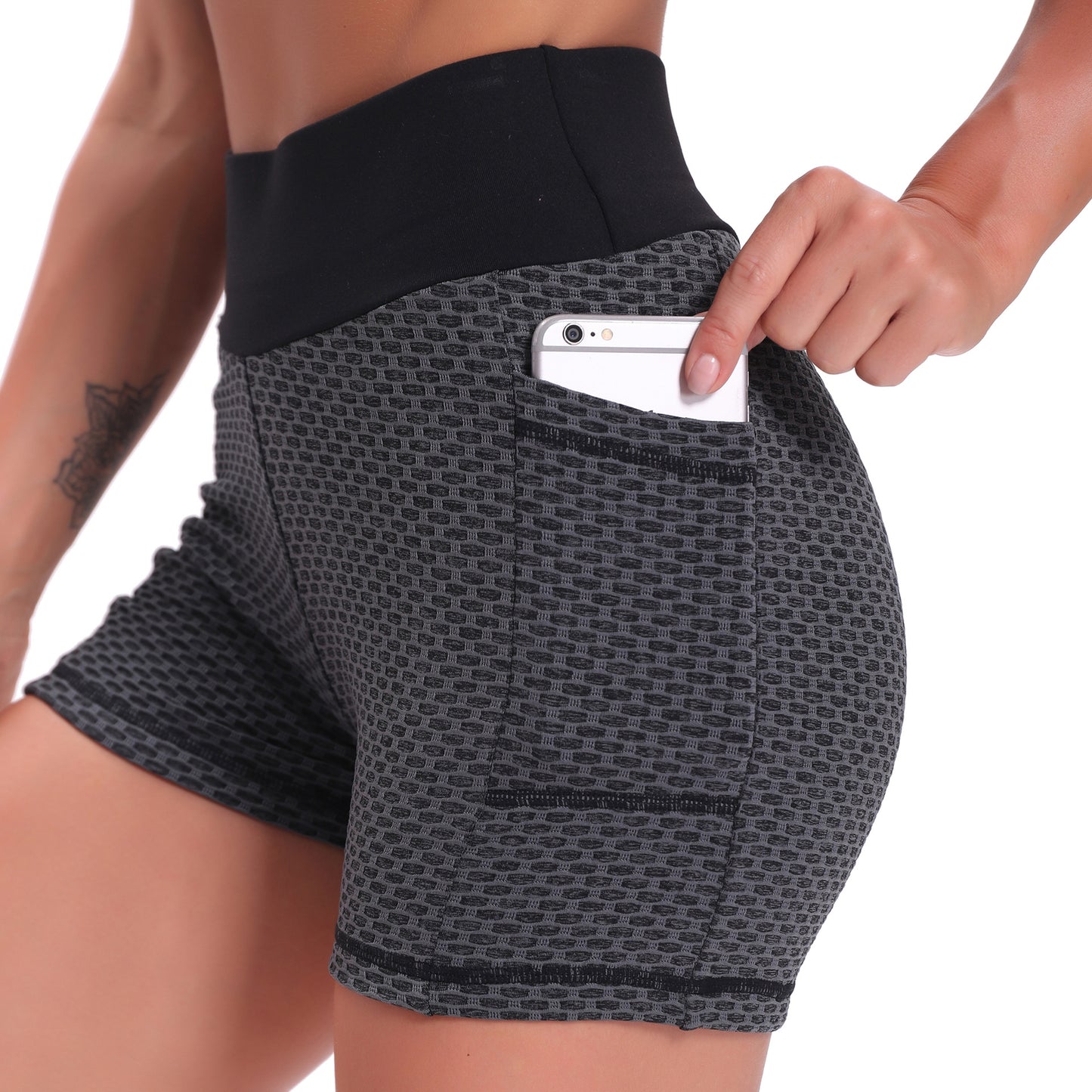 Women's High-Waisted Running Pants with Butt-Lifting Pockets, Bubble Cycling Pants, Honeycomb Outdoor Yoga Shorts