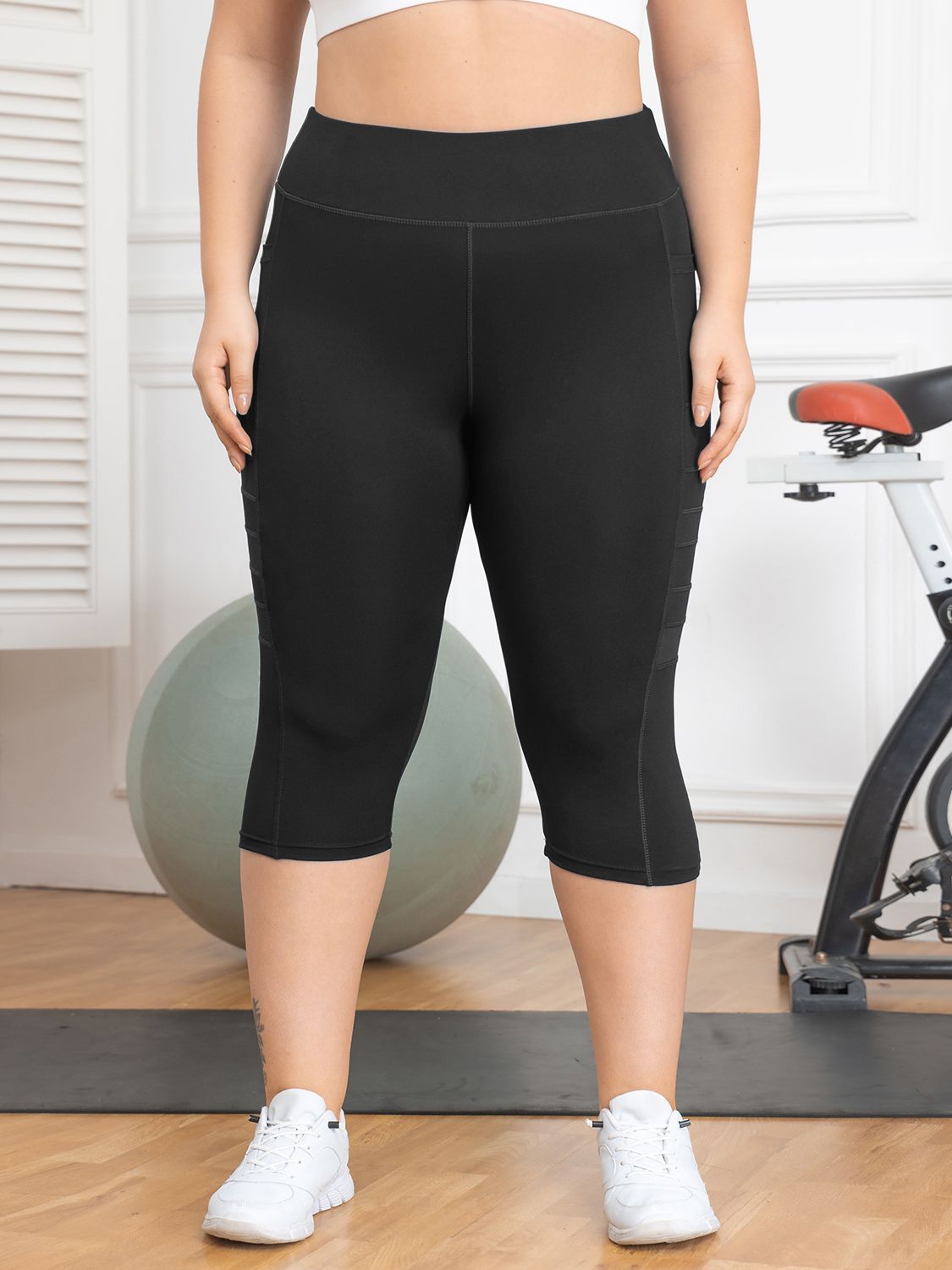 High-waisted butt-lifting yoga pants for women with mesh Roman pockets, running pants, outdoor plus-size 7/8-length patchwork athletic pants