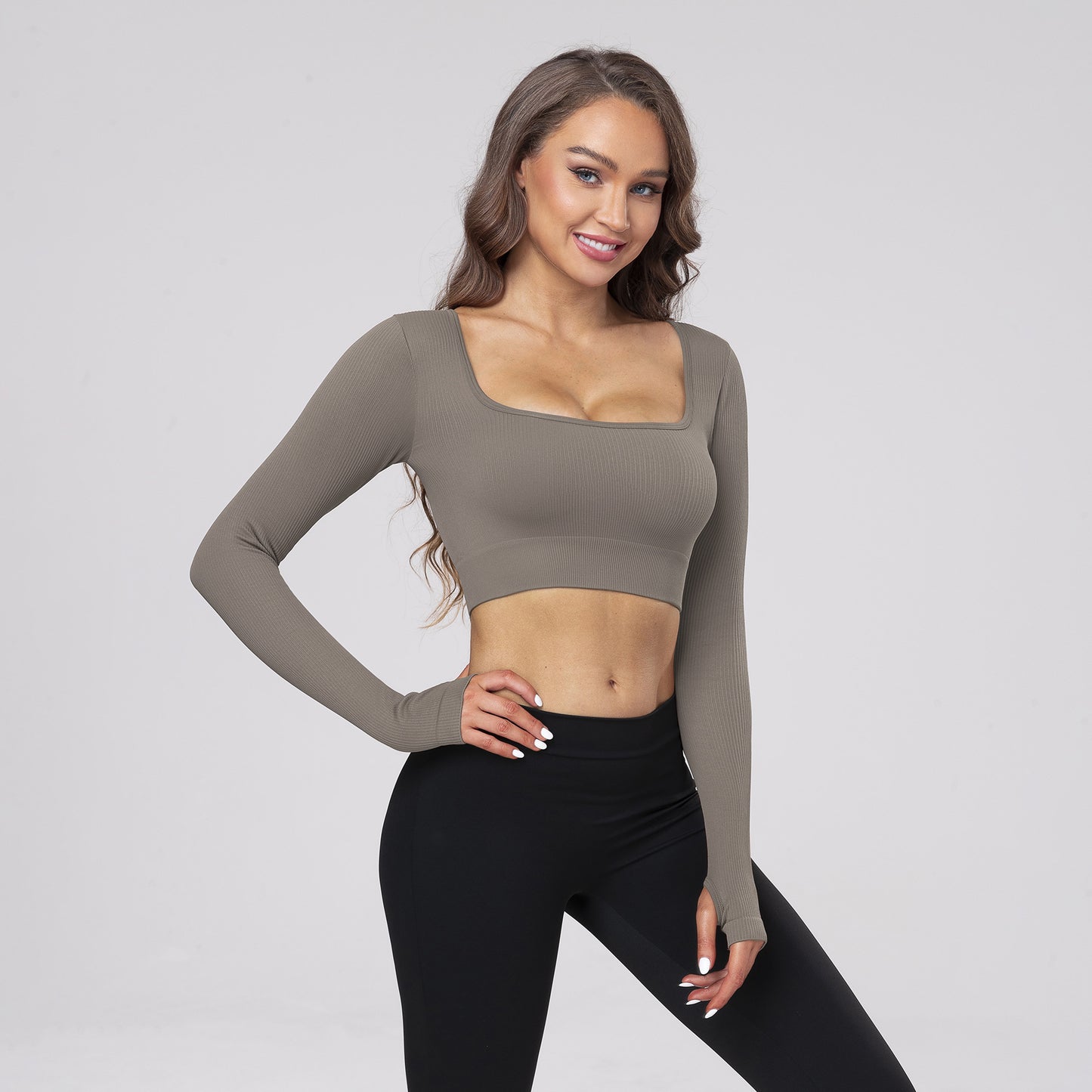 Casual Fitness Wear Sexy Long-Sleeve Top with Exposed Navel, Seamless Square Neckline Yoga T-Shirt for Women