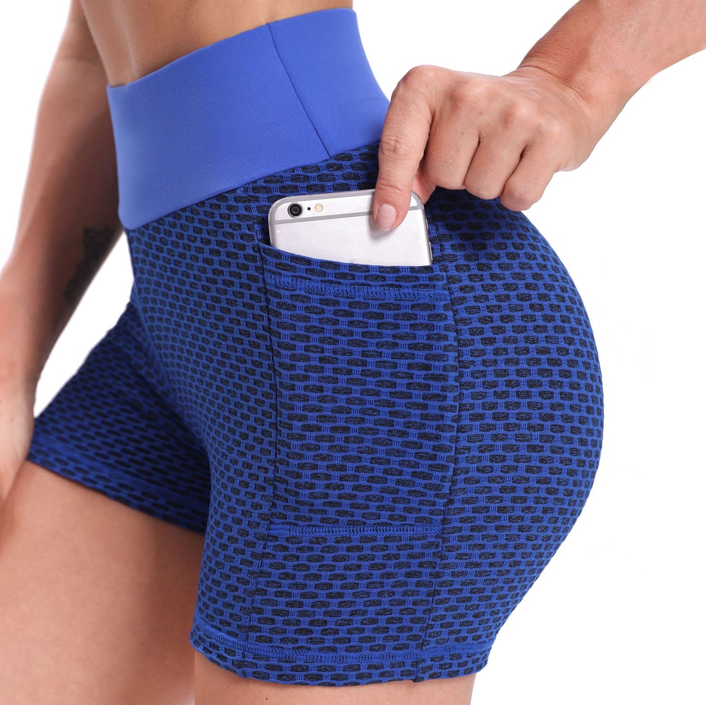 Women's High-Waisted Running Pants with Butt-Lifting Pockets, Bubble Cycling Pants, Honeycomb Outdoor Yoga Shorts