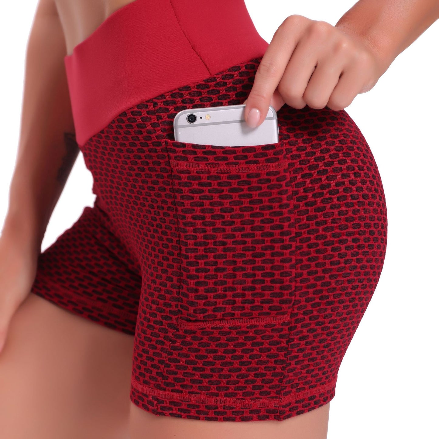 Women's High-Waisted Running Pants with Butt-Lifting Pockets, Bubble Cycling Pants, Honeycomb Outdoor Yoga Shorts
